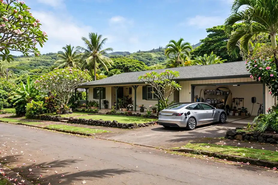 Home EV charger installed in a Hilo garage